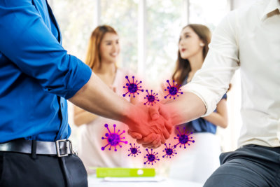Hand shake warning, Coronavirus or COVID-19 attack concept